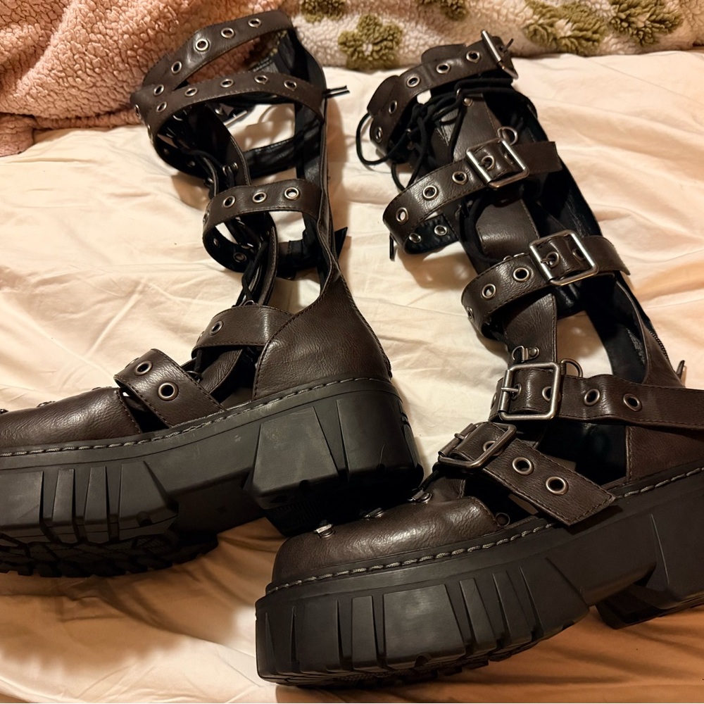 Dolls Kill Dark Brown Gladiator Strapped Combat Platform Boot - Picture 2 of 8